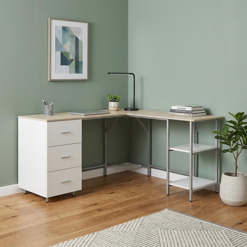 59" Sand Silver and White Wood and Steel L Shape Pedestal Computer Desk With Three Drawers HomeRoots