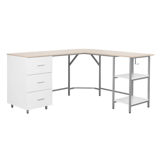 59" Sand Silver and White Wood and Steel L Shape Pedestal Computer Desk With Three Drawers