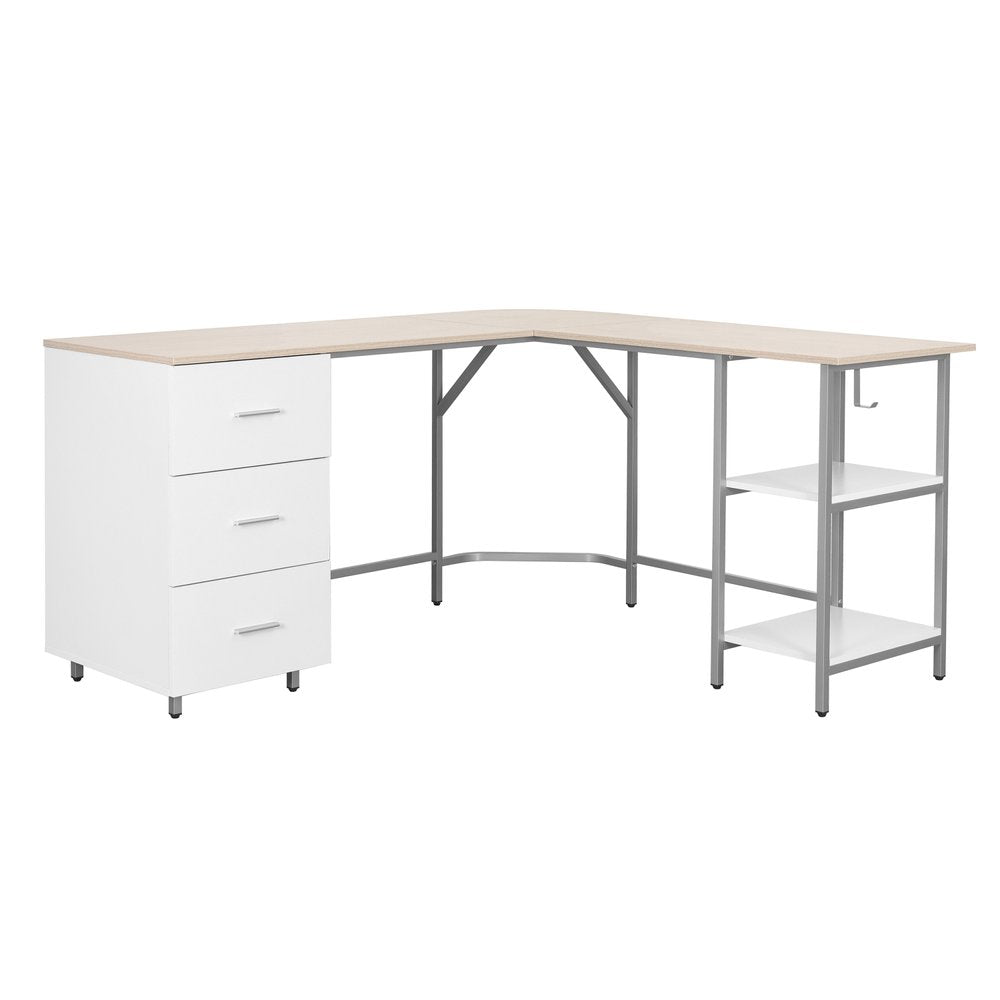 59" Sand Silver and White Wood and Steel L Shape Pedestal Computer Desk With Three Drawers HomeRoots