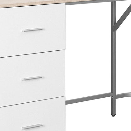 59" Sand Silver and White Wood and Steel L Shape Pedestal Computer Desk With Three Drawers HomeRoots