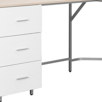 59" Sand Silver and White Wood and Steel L Shape Pedestal Computer Desk With Three Drawers HomeRoots
