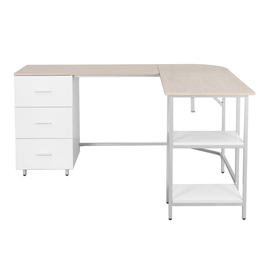 59" Sand Silver and White Wood and Steel L Shape Pedestal Computer Desk With Three Drawers