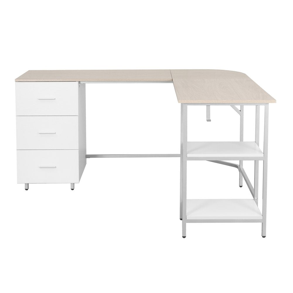 59" Sand Silver and White Wood and Steel L Shape Pedestal Computer Desk With Three Drawers — view 2