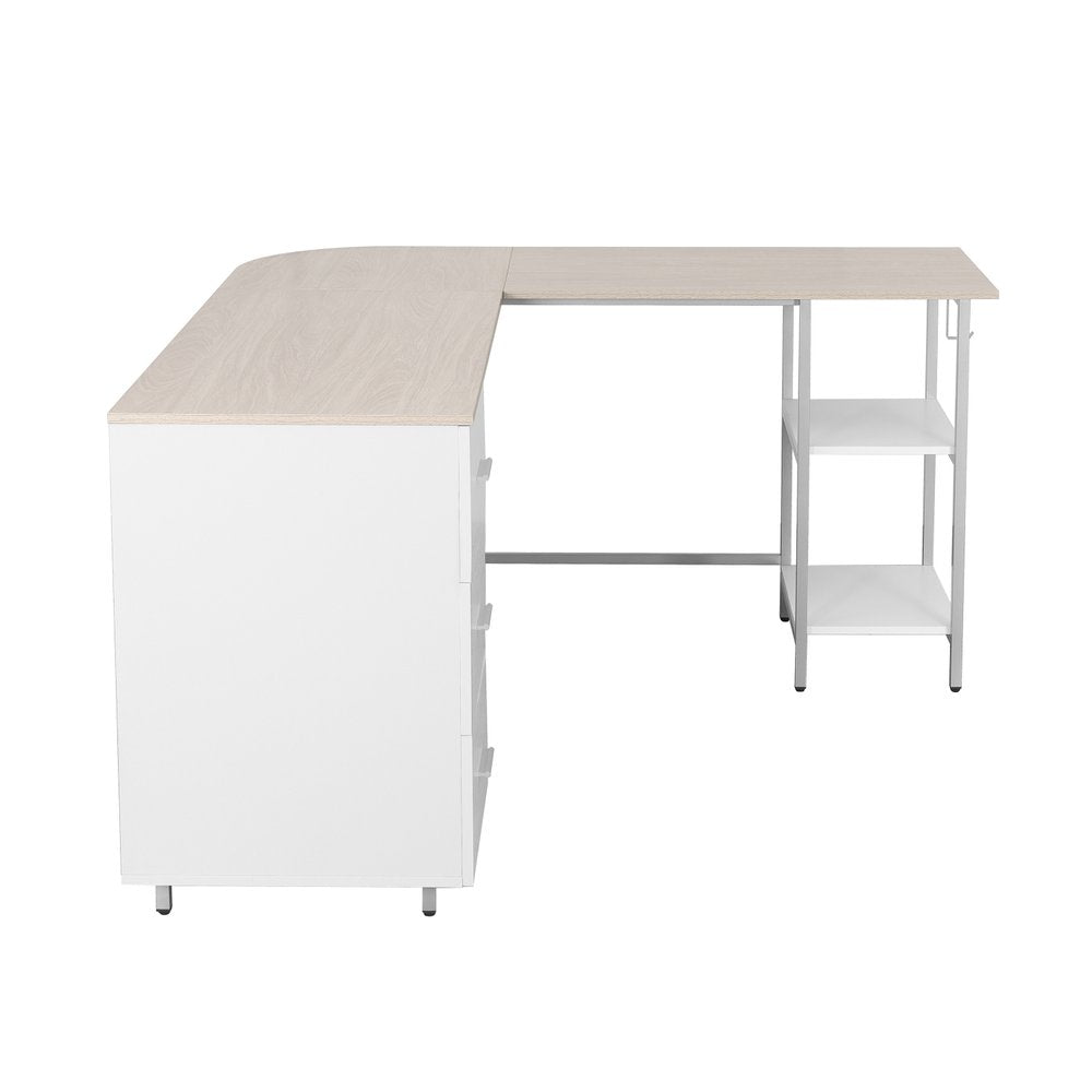 59" Sand Silver and White Wood and Steel L Shape Pedestal Computer Desk With Three Drawers — view 3