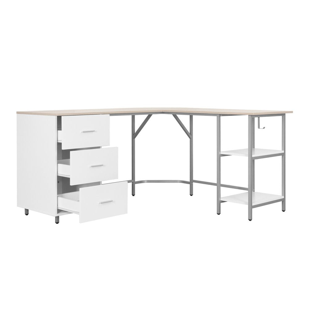 59" Sand Silver and White Wood and Steel L Shape Pedestal Computer Desk With Three Drawers HomeRoots