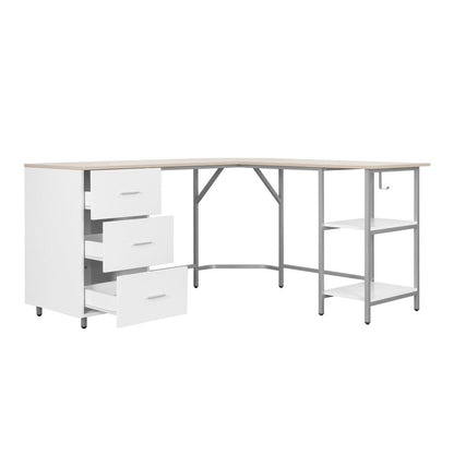 59" Sand Silver and White Wood and Steel L Shape Pedestal Computer Desk With Three Drawers HomeRoots