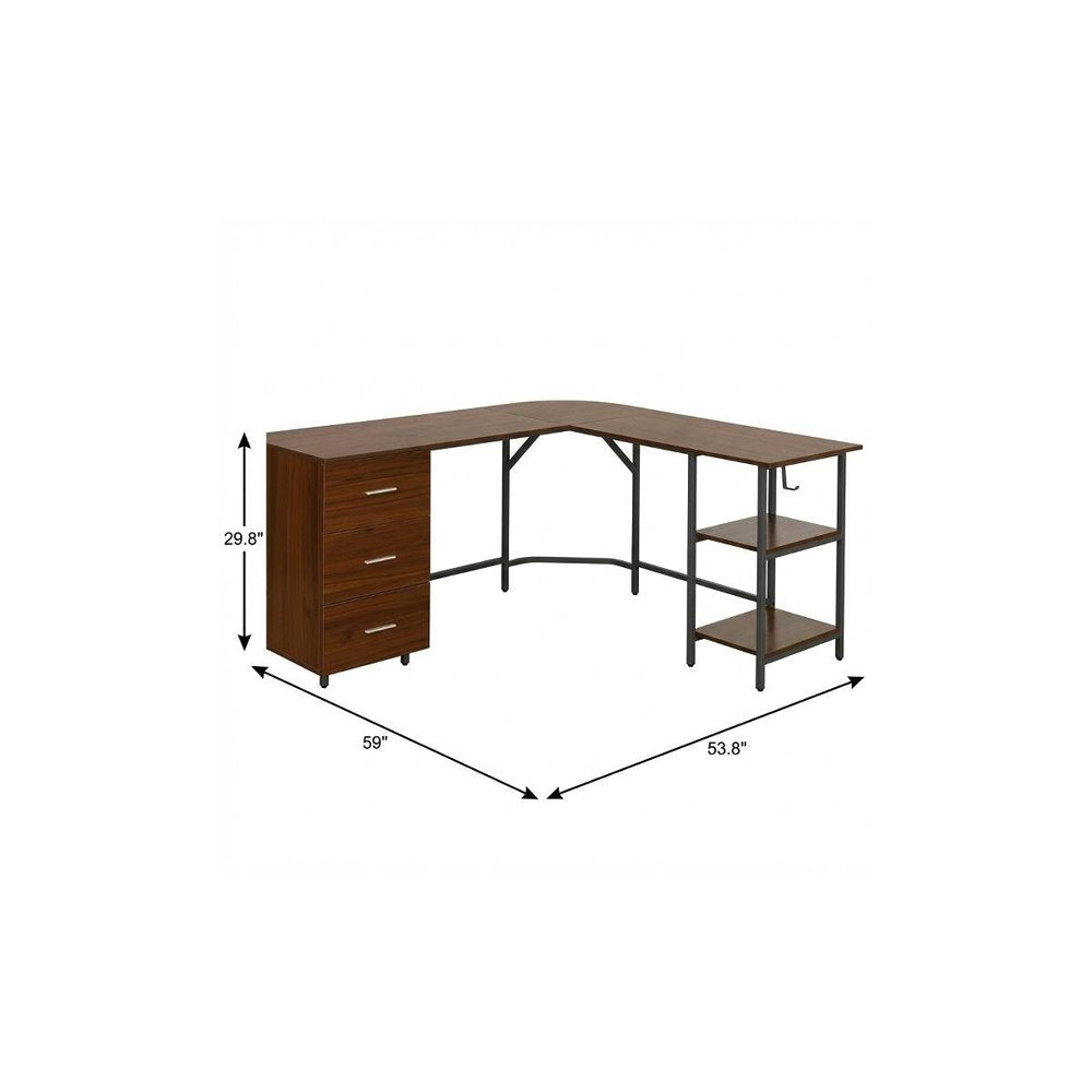 59" Walnut Wood and Steel L Shape Pedestal Computer Desk With Three Drawers HomeRoots