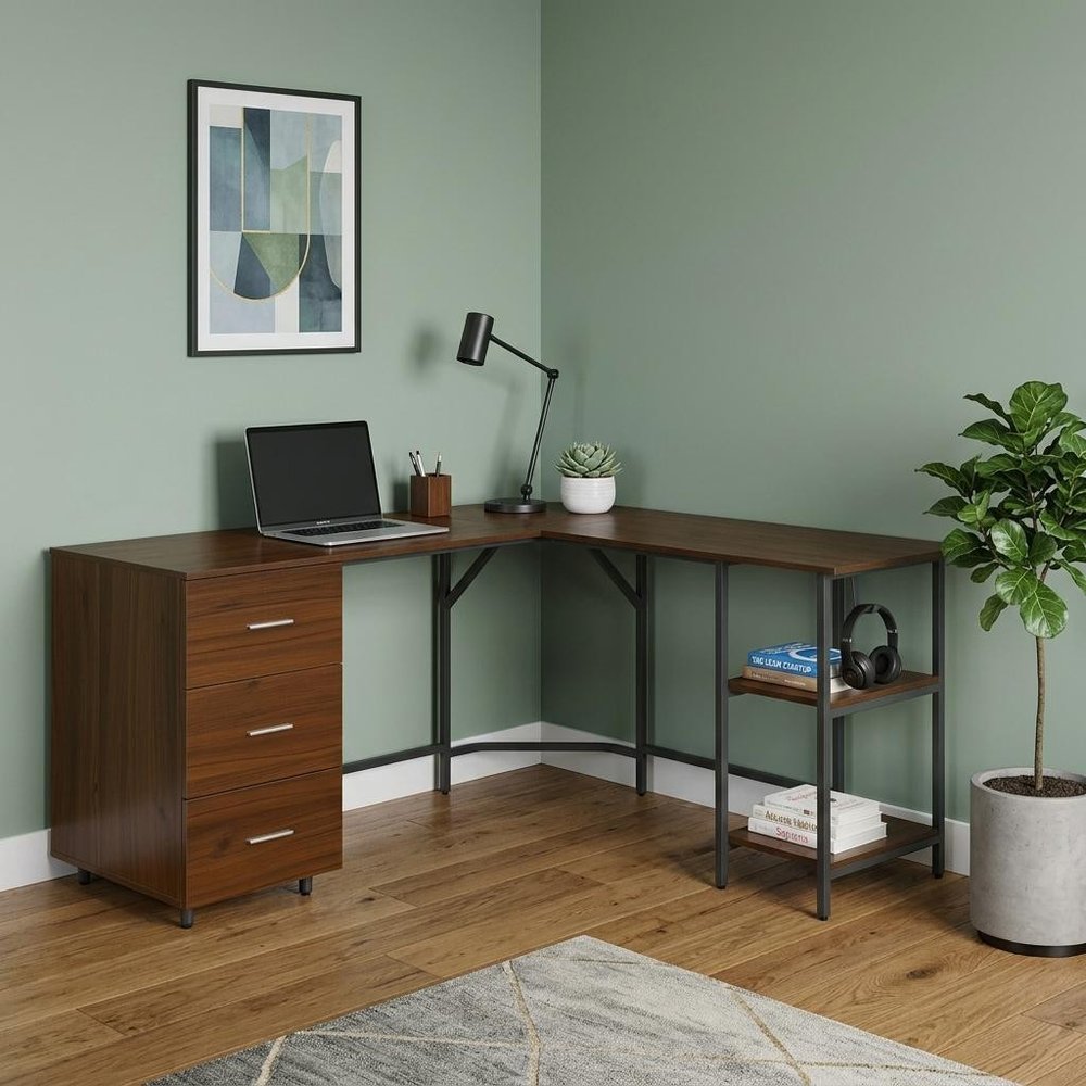 59" Walnut Wood and Steel L Shape Pedestal Computer Desk With Three Drawers — view 9