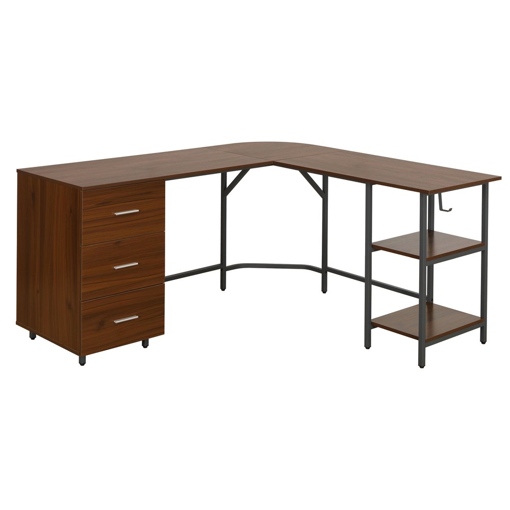59" Walnut Wood and Steel L Shape Pedestal Computer Desk With Three Drawers — view 1