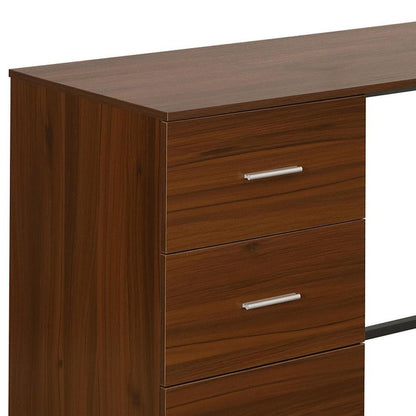 59" Walnut Wood and Steel L Shape Pedestal Computer Desk With Three Drawers HomeRoots