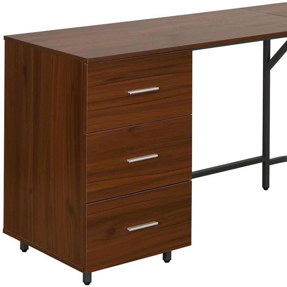 59" Walnut Wood and Steel L Shape Pedestal Computer Desk With Three Drawers — view 7