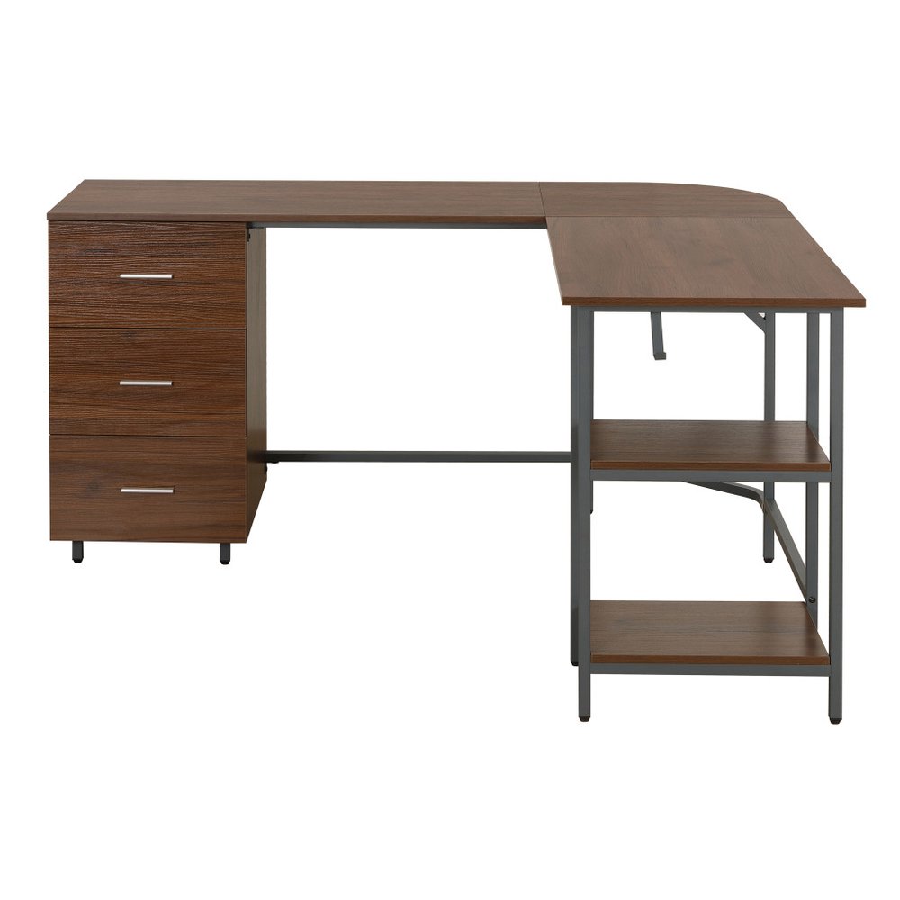 59" Walnut Wood and Steel L Shape Pedestal Computer Desk With Three Drawers HomeRoots