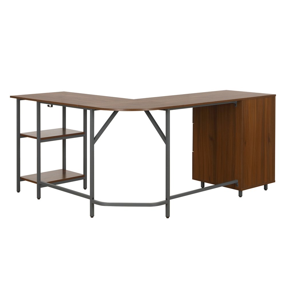 59" Walnut Wood and Steel L Shape Pedestal Computer Desk With Three Drawers — view 3