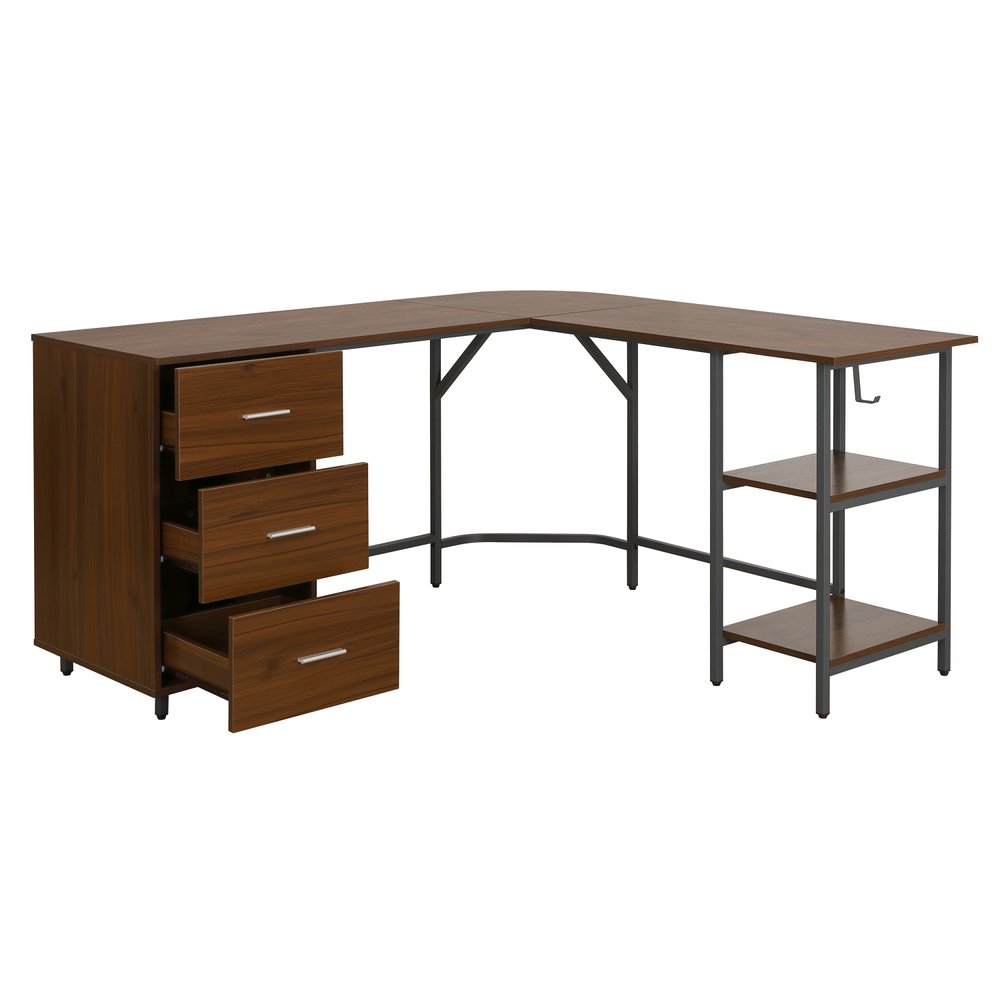 59" Walnut Wood and Steel L Shape Pedestal Computer Desk With Three Drawers HomeRoots