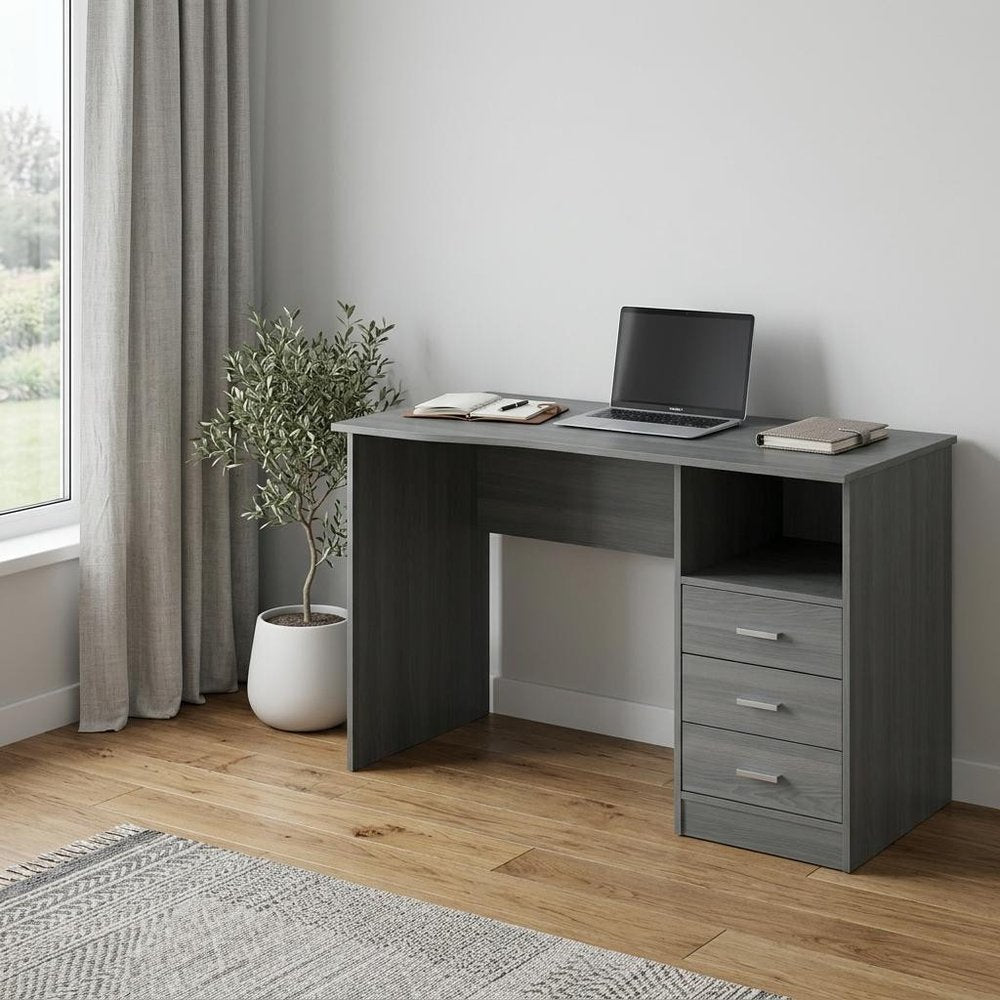 51" Gray Wood Pedestal Computer Desk With Three Drawers — view 7