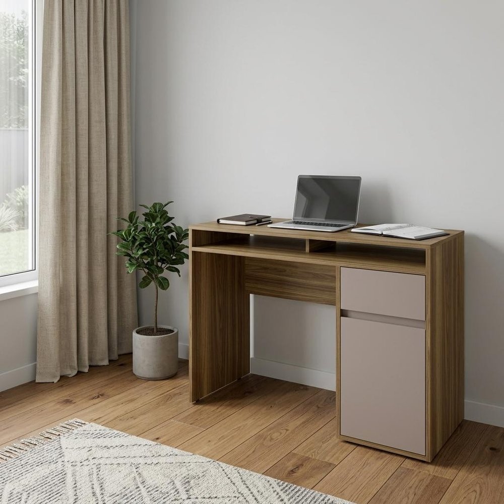 43" Walnut and Gray Wood Pedestal Computer Desk HomeRoots