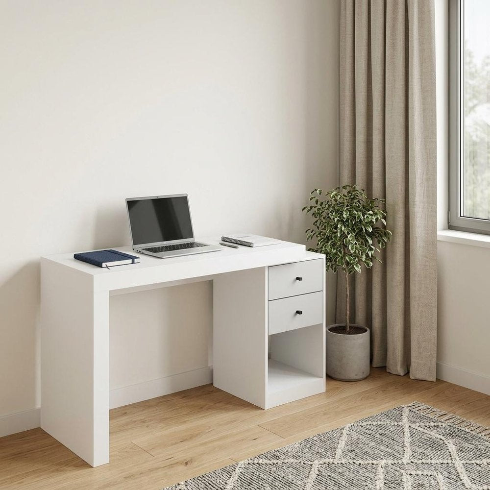 58" White Wood Pedestal Writing Desk With Two Drawers — view 7