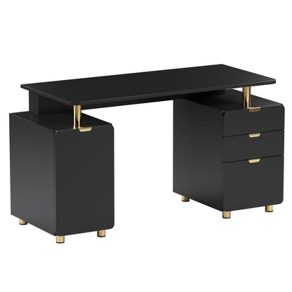 57" Black and Gold Wood and Steel Pedestal Executive Desk With Three Drawers HomeRoots