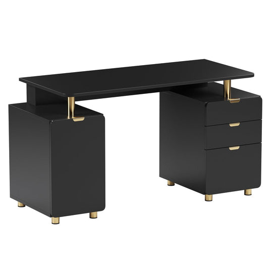 57" Black and Gold Wood and Steel Pedestal Executive Desk With Three Drawers HomeRoots