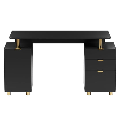 57" Black and Gold Wood and Steel Pedestal Executive Desk With Three Drawers HomeRoots