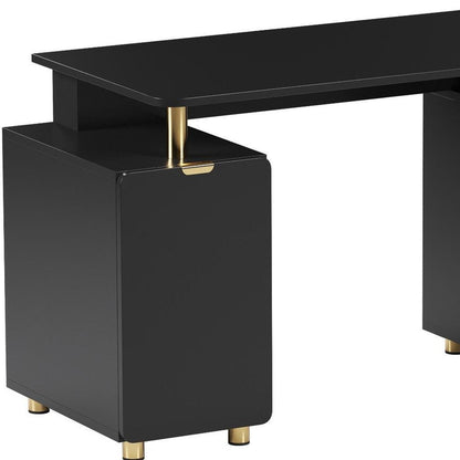 57" Black and Gold Wood and Steel Pedestal Executive Desk With Three Drawers HomeRoots