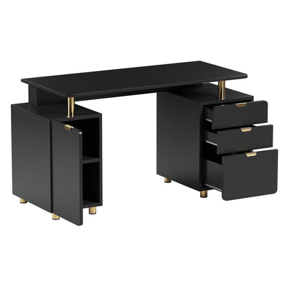 57" Black and Gold Wood and Steel Pedestal Executive Desk With Three Drawers HomeRoots