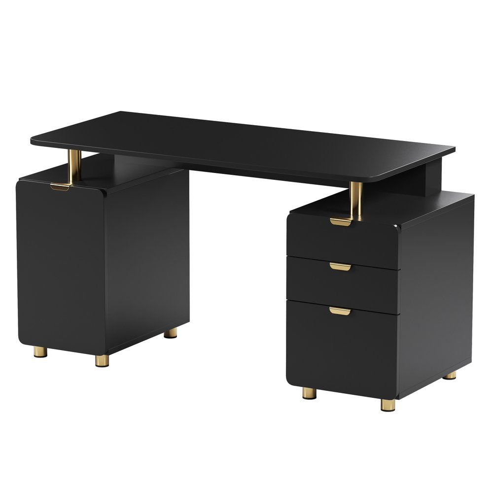 57" Black and Gold Wood and Steel Pedestal Executive Desk With Three Drawers HomeRoots