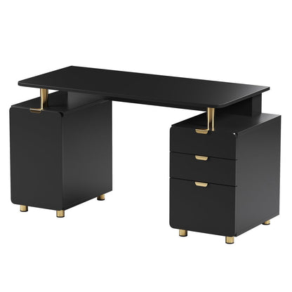 57" Black and Gold Wood and Steel Pedestal Executive Desk With Three Drawers HomeRoots