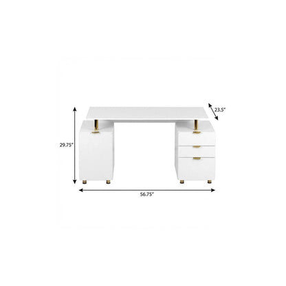 57" White and Gold Wood and Stainless Steel Pedestal Executive Desk With Three Drawers HomeRoots