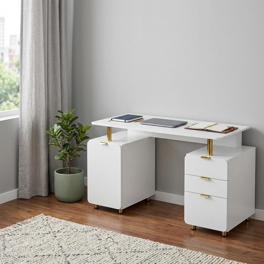 57" White and Gold Wood and Stainless Steel Pedestal Executive Desk With Three Drawers HomeRoots