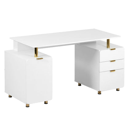 57" White and Gold Wood and Stainless Steel Pedestal Executive Desk With Three Drawers HomeRoots