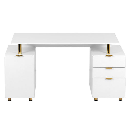 57" White and Gold Wood and Stainless Steel Pedestal Executive Desk With Three Drawers