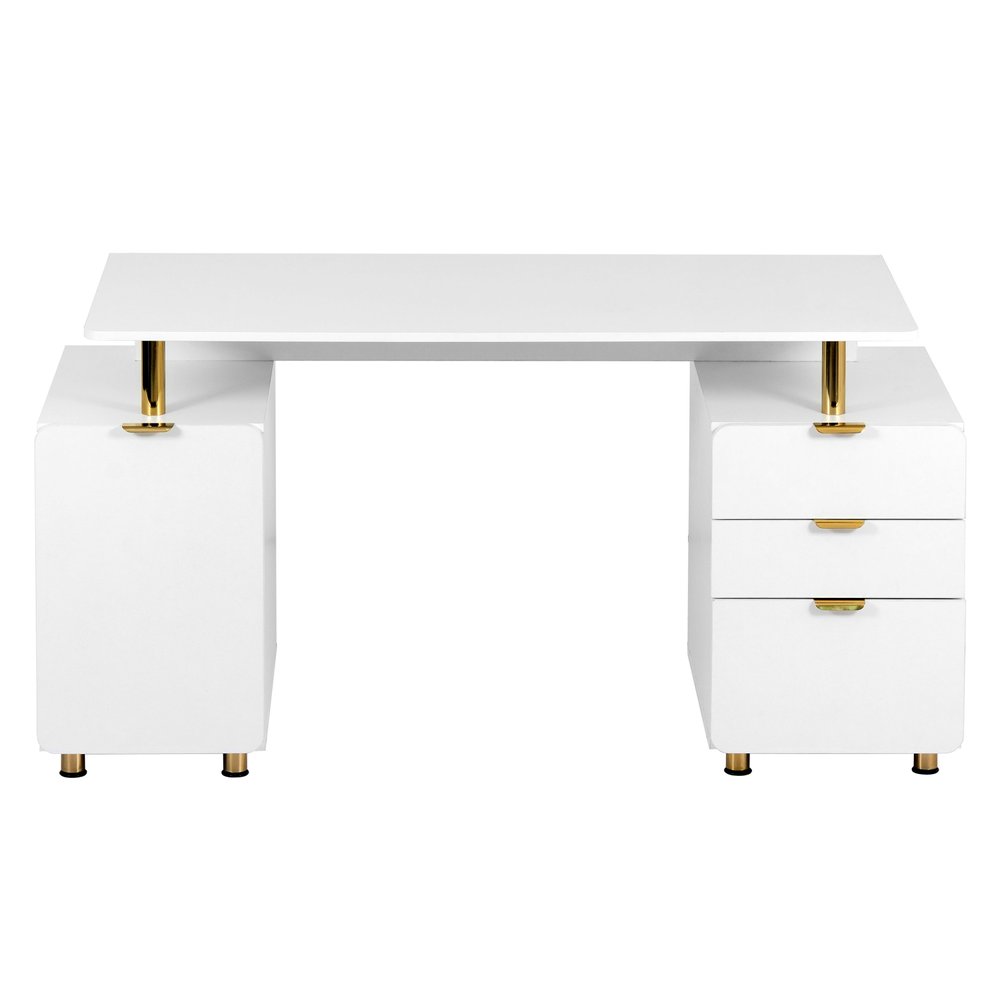57" White and Gold Wood and Stainless Steel Pedestal Executive Desk With Three Drawers HomeRoots