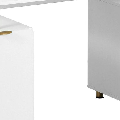 57" White and Gold Wood and Stainless Steel Pedestal Executive Desk With Three Drawers HomeRoots