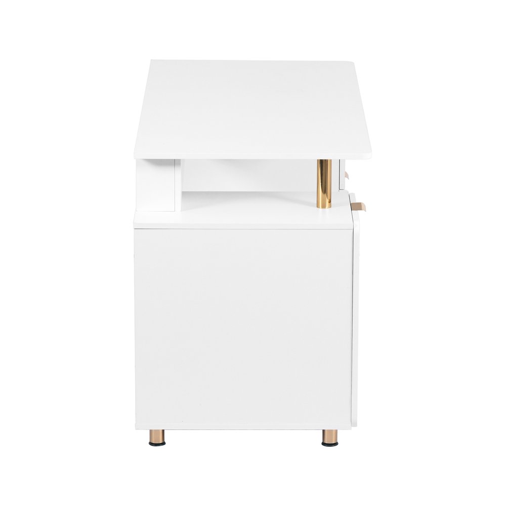 57" White and Gold Wood and Stainless Steel Pedestal Executive Desk With Three Drawers HomeRoots