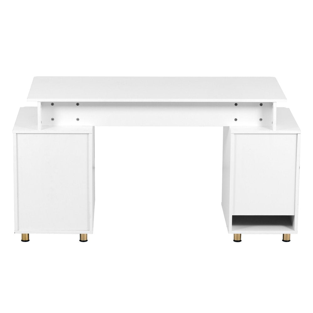 57" White and Gold Wood and Stainless Steel Pedestal Executive Desk With Three Drawers HomeRoots