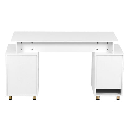 57" White and Gold Wood and Stainless Steel Pedestal Executive Desk With Three Drawers HomeRoots