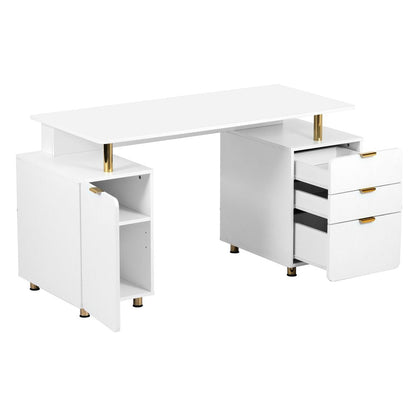 57" White and Gold Wood and Stainless Steel Pedestal Executive Desk With Three Drawers HomeRoots