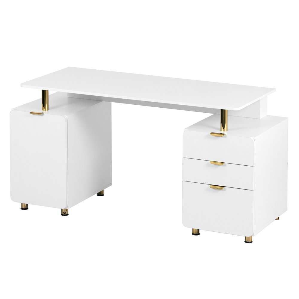 57" White and Gold Wood and Stainless Steel Pedestal Executive Desk With Three Drawers HomeRoots