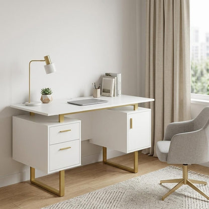 51" White and Gold Wood and Steel Pedestal Executive Desk With Two Drawers HomeRoots
