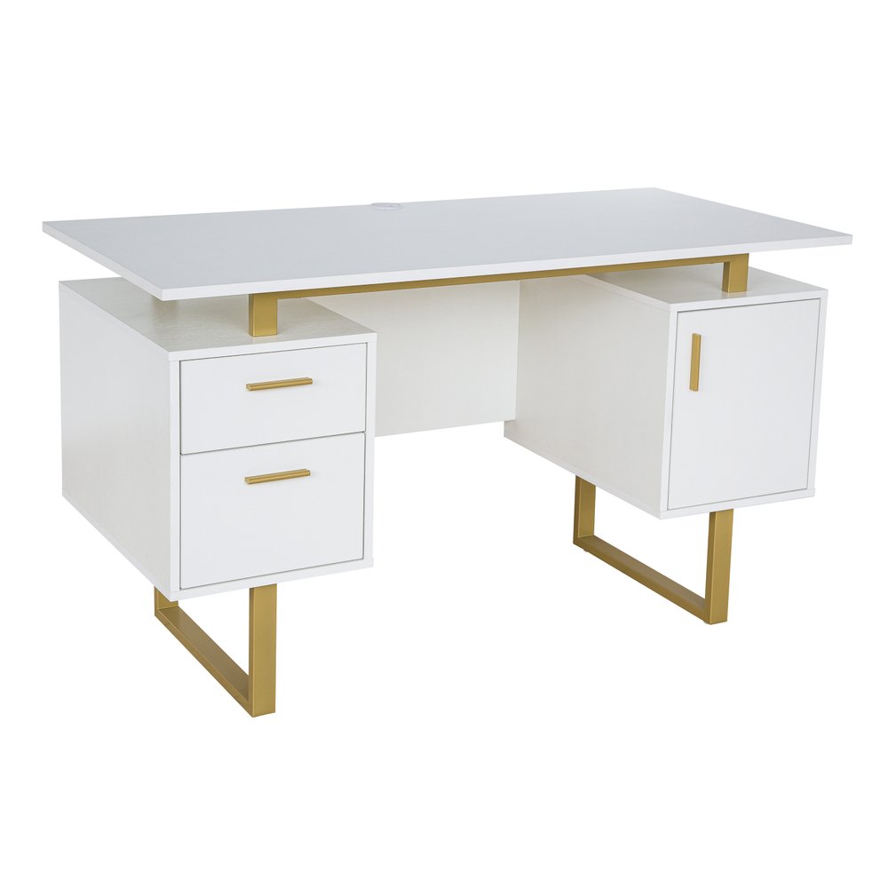 51" White and Gold Wood and Steel Pedestal Executive Desk With Two Drawers — view 1