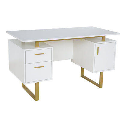 51" White and Gold Wood and Steel Pedestal Executive Desk With Two Drawers HomeRoots