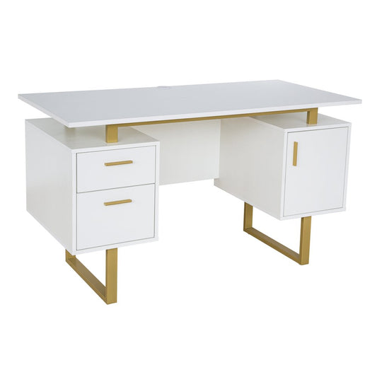 51" White and Gold Wood and Steel Pedestal Executive Desk With Two Drawers
