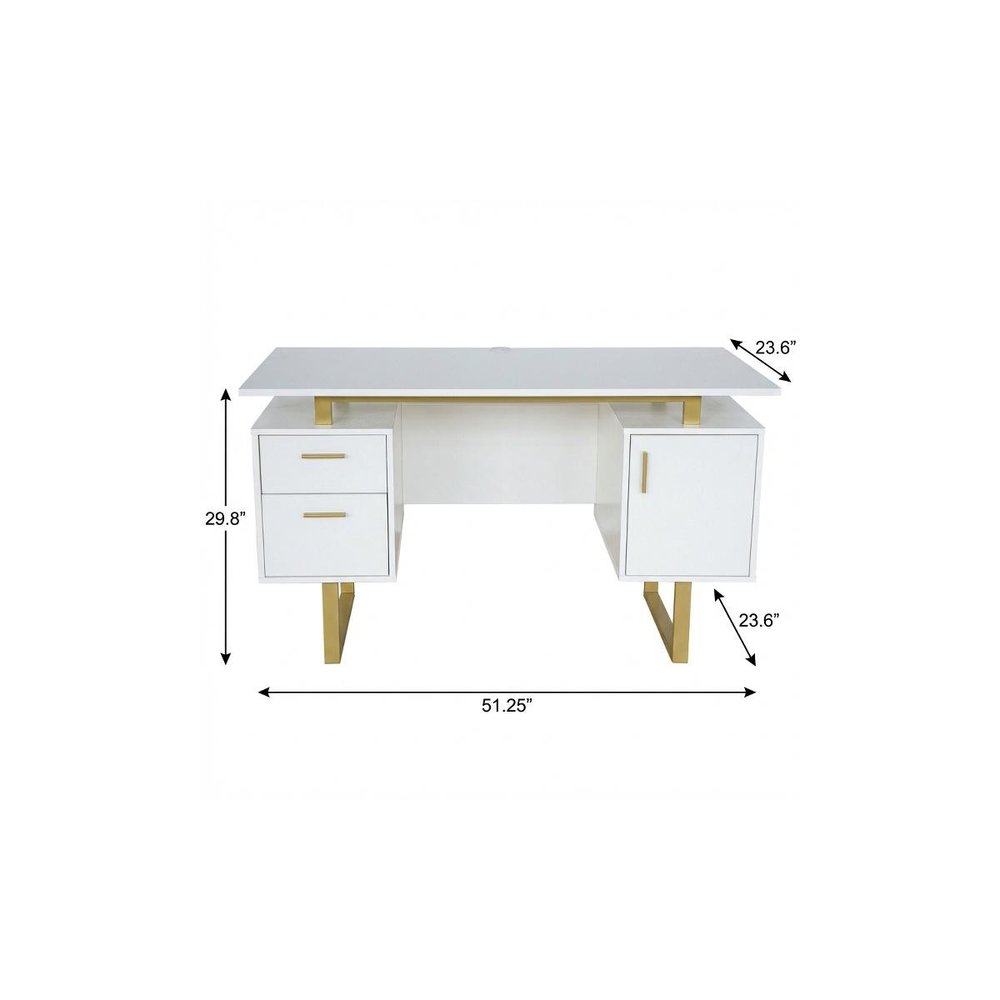 51" White and Gold Wood and Steel Pedestal Executive Desk With Two Drawers — view 7