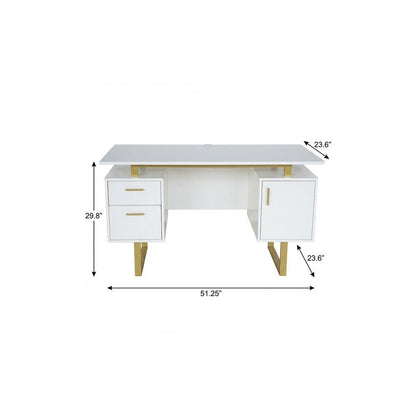 51" White and Gold Wood and Steel Pedestal Executive Desk With Two Drawers HomeRoots