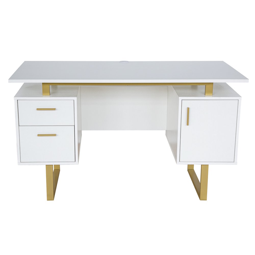 51" White and Gold Wood and Steel Pedestal Executive Desk With Two Drawers HomeRoots