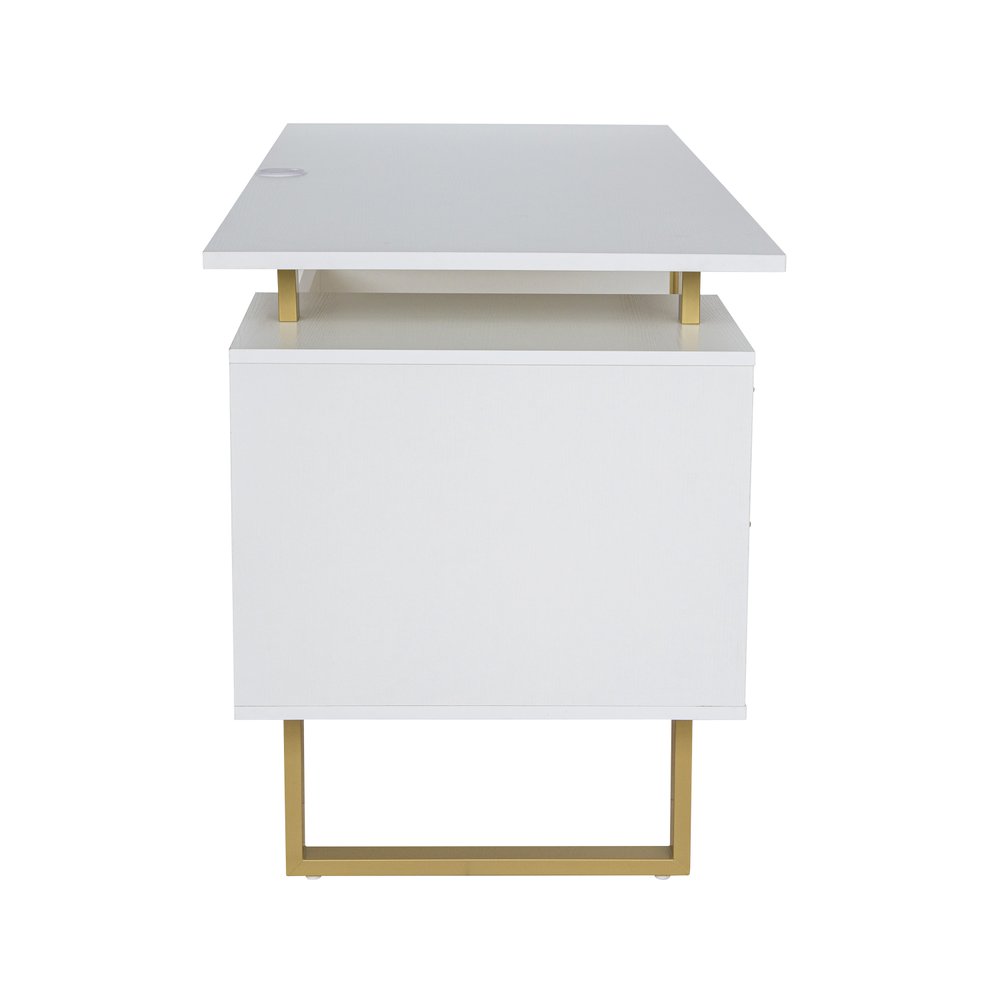 51" White and Gold Wood and Steel Pedestal Executive Desk With Two Drawers HomeRoots