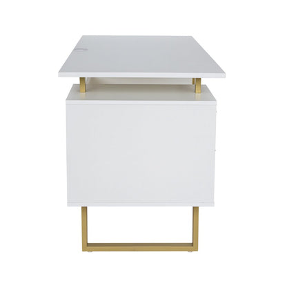 51" White and Gold Wood and Steel Pedestal Executive Desk With Two Drawers HomeRoots