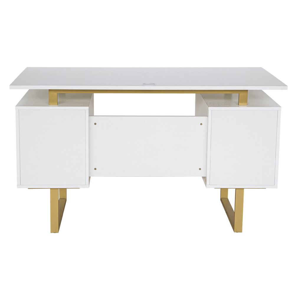 51" White and Gold Wood and Steel Pedestal Executive Desk With Two Drawers HomeRoots