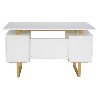 51" White and Gold Wood and Steel Pedestal Executive Desk With Two Drawers HomeRoots